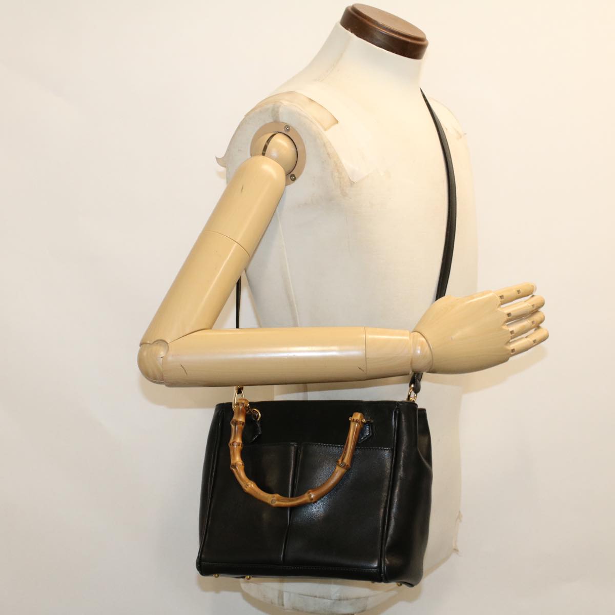 GUCCI Bamboo Hand Bag Leather 2way Black 000.2122.0316 yk7567B