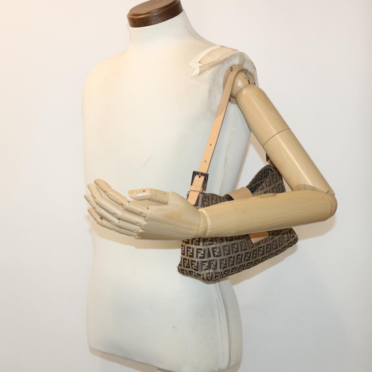 FENDI Zucchino Canvas Mamma Baguette Shoulder Bag Leather Beige yk7711