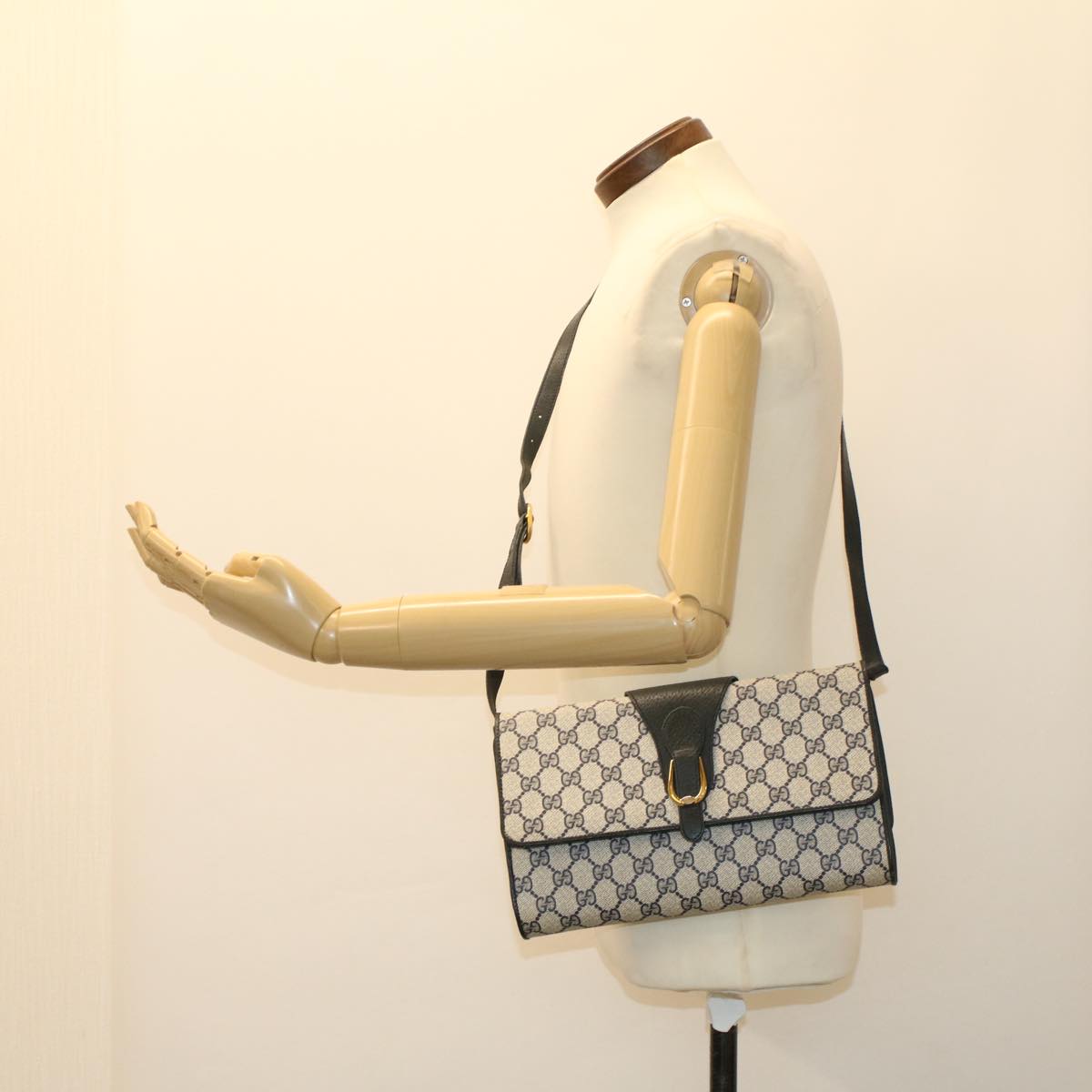 GUCCI GG Canvas Shoulder Bag PVC Leather Gray Navy 904.02.050 yk7727