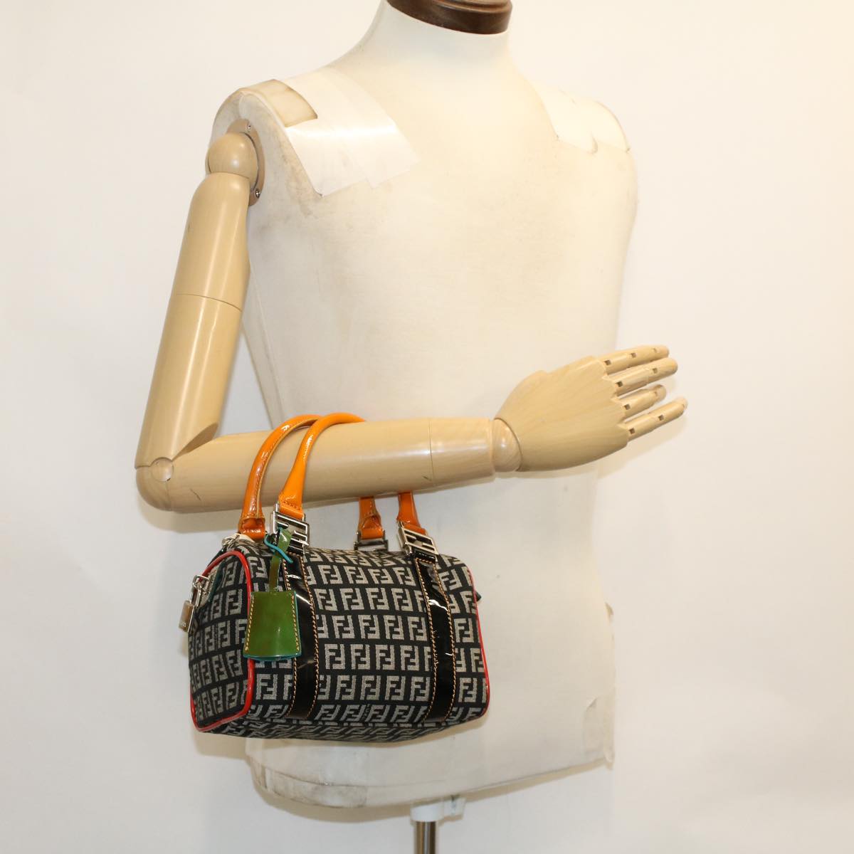 FENDI Zucchino Canvas Mini Boston Bag Black Multicolor yk7905