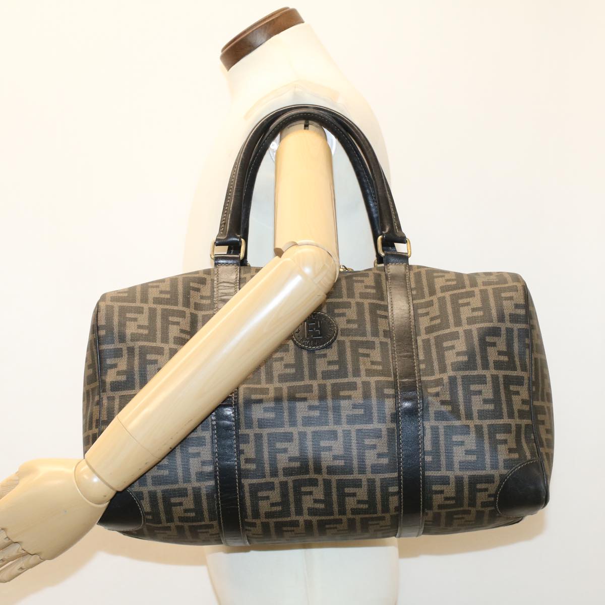 FENDI Zucca Canvas Boston Bag Leather Black Brown yk8249