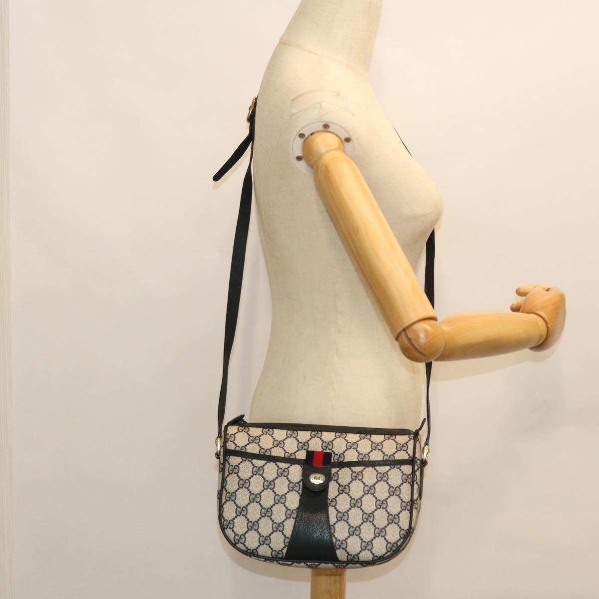 GUCCI GG Canvas Sherry Line Shoulder Bag Gray Red Navy 89.02.032 yk8362
