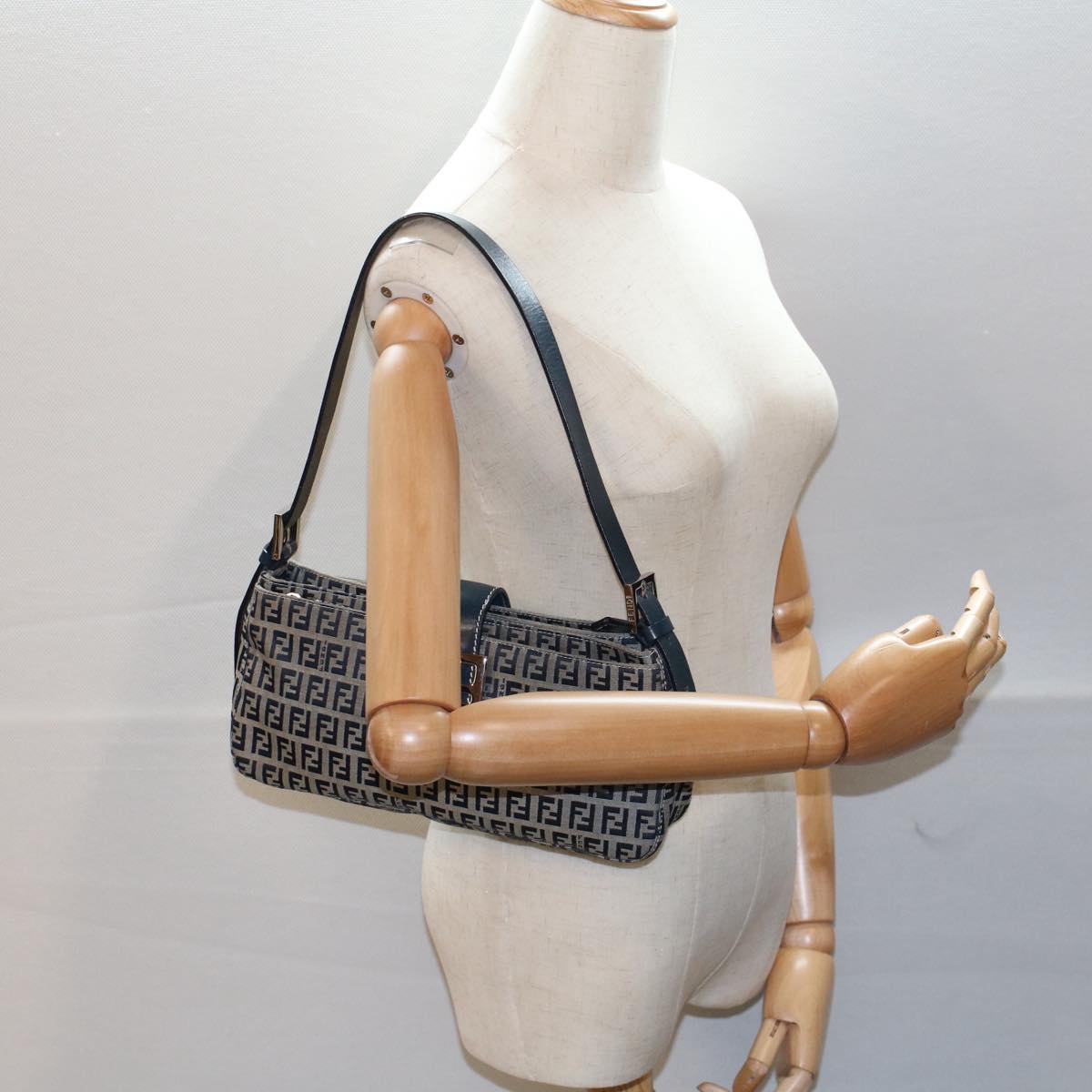 FENDI Zucchino Canvas Mamma Baguette Shoulder Bag Gray Navy yk8484
