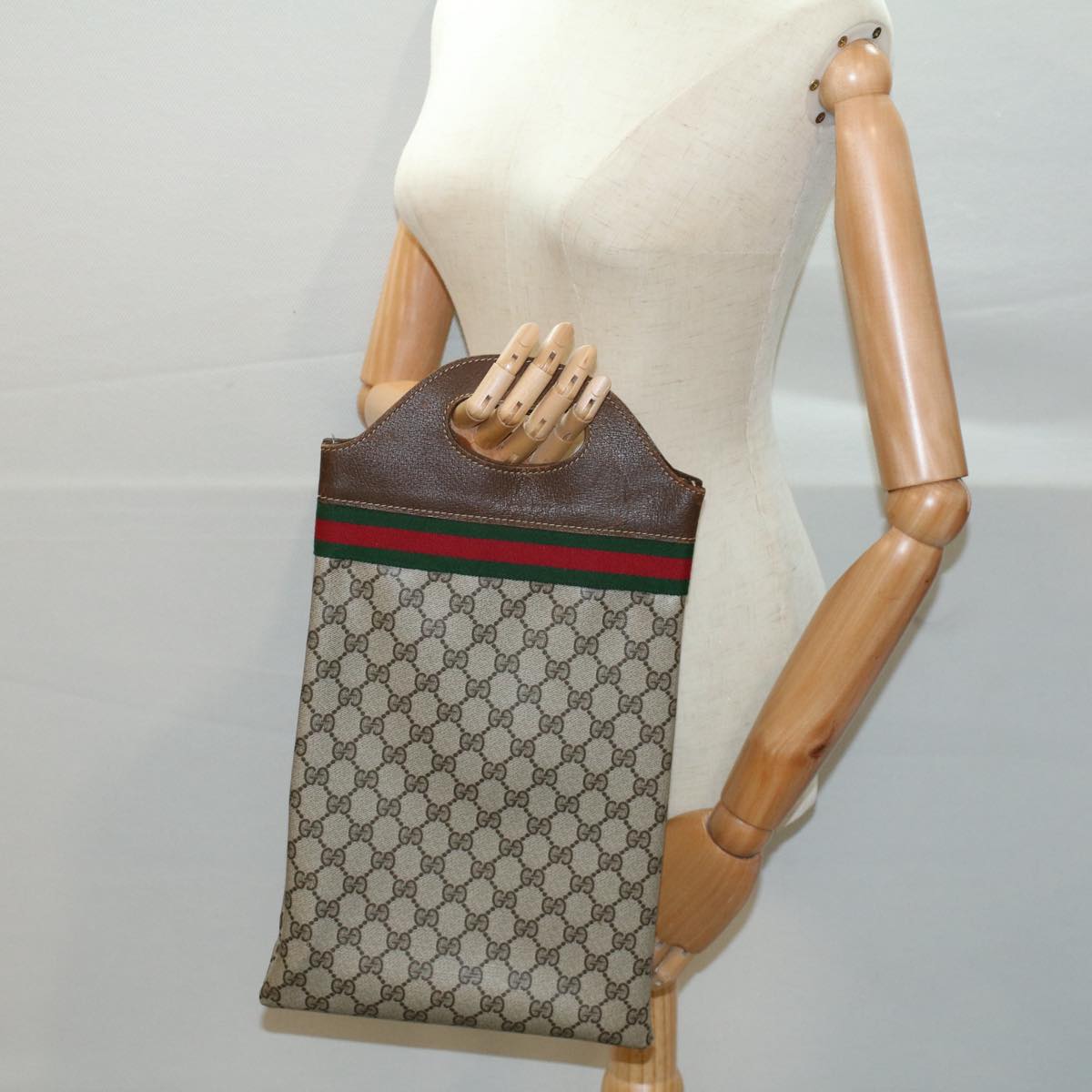 GUCCI GG Canvas Web Sherry Line Hand Bag PVC Leather Beige Red Green yk8507