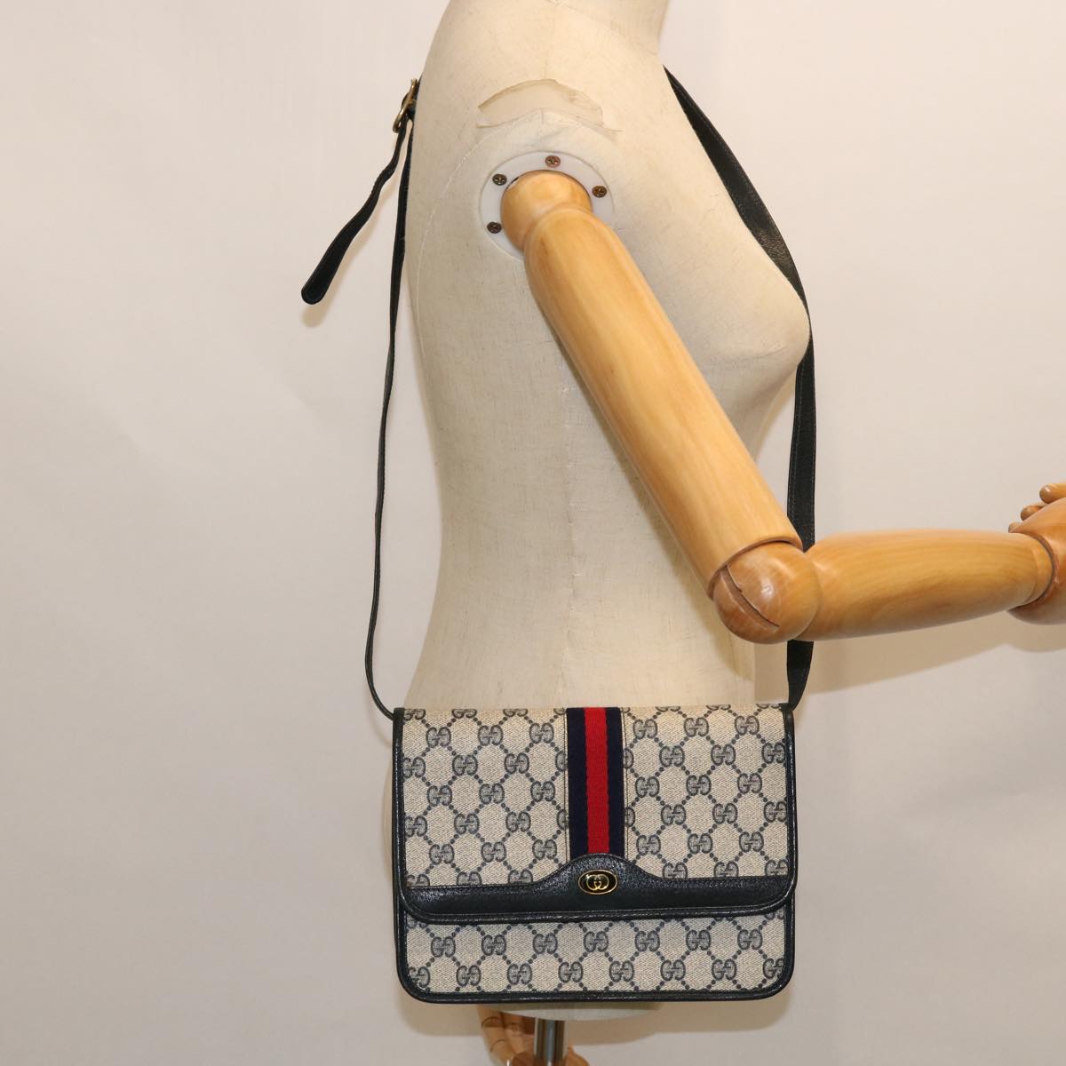 GUCCI GG Canvas Sherry Line Shoulder Bag PVC Leather Gray Red Navy yk8588