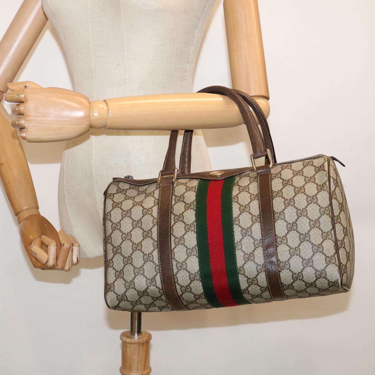GUCCI GG Canvas Web Sherry Line Boston Bag PVC Beige Green Red yk9774