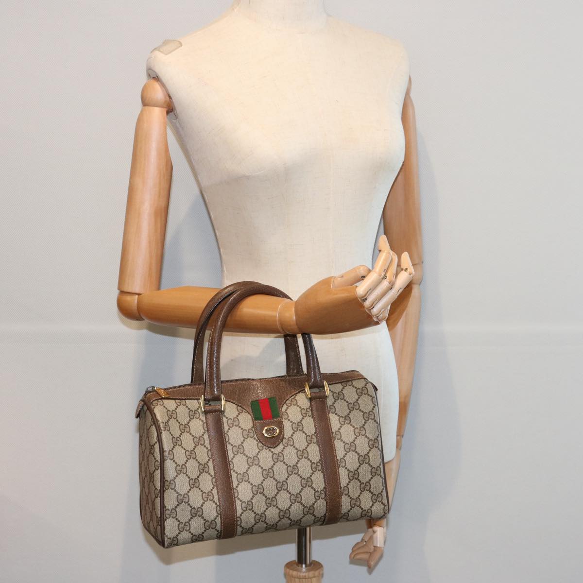 GUCCI GG Canvas Web Sherry Line Boston Bag PVC Beige Green Red yk9834