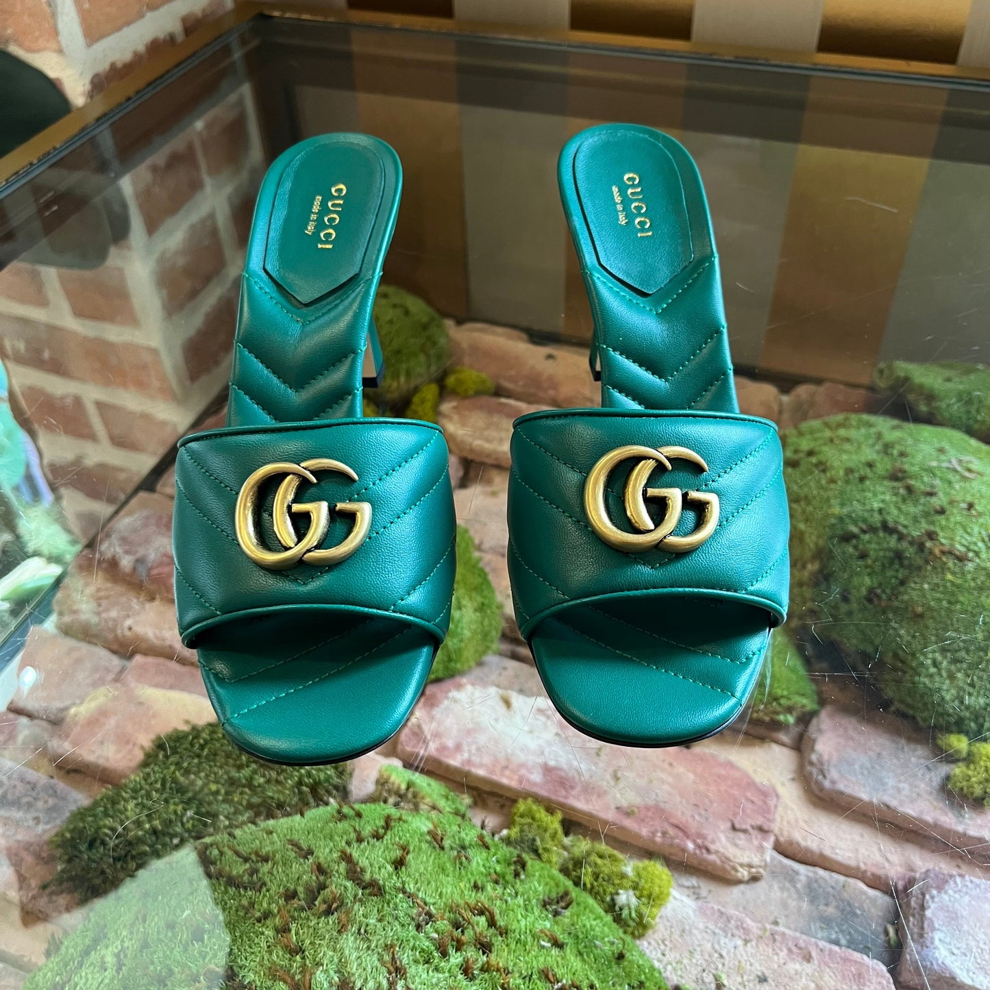 GUCCI GG Marmont Nappa Matelasse Emerald Slide Sandals SZ 38.5
