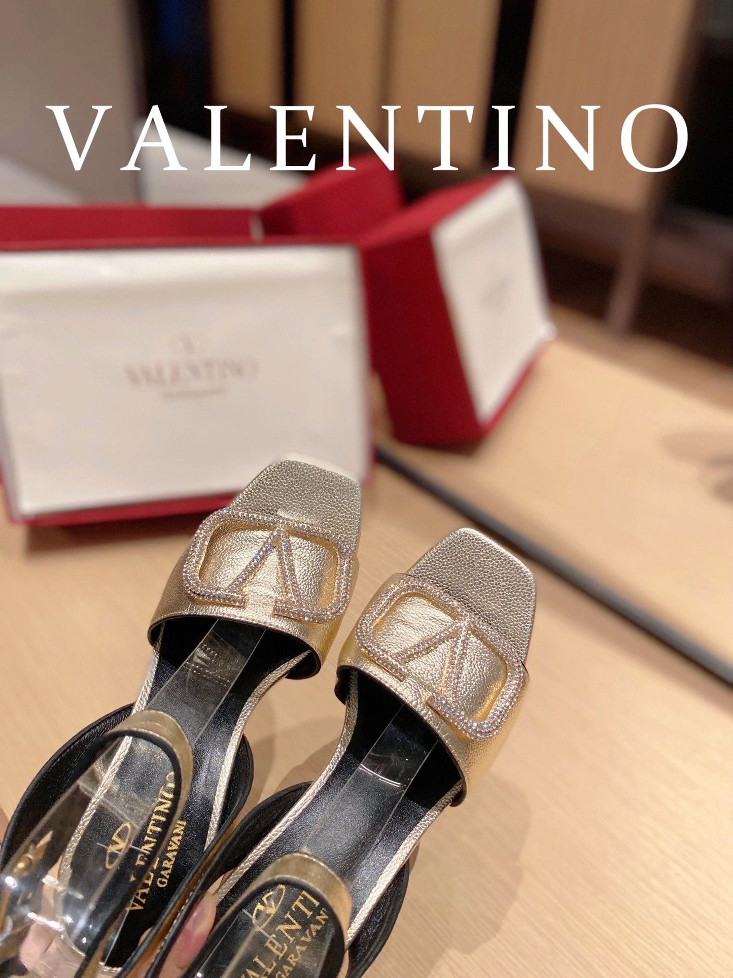 Valentino Garavani Strap Heeled Sandals With V Logo Crystal EmbellisGLAMIent Gold For Women
