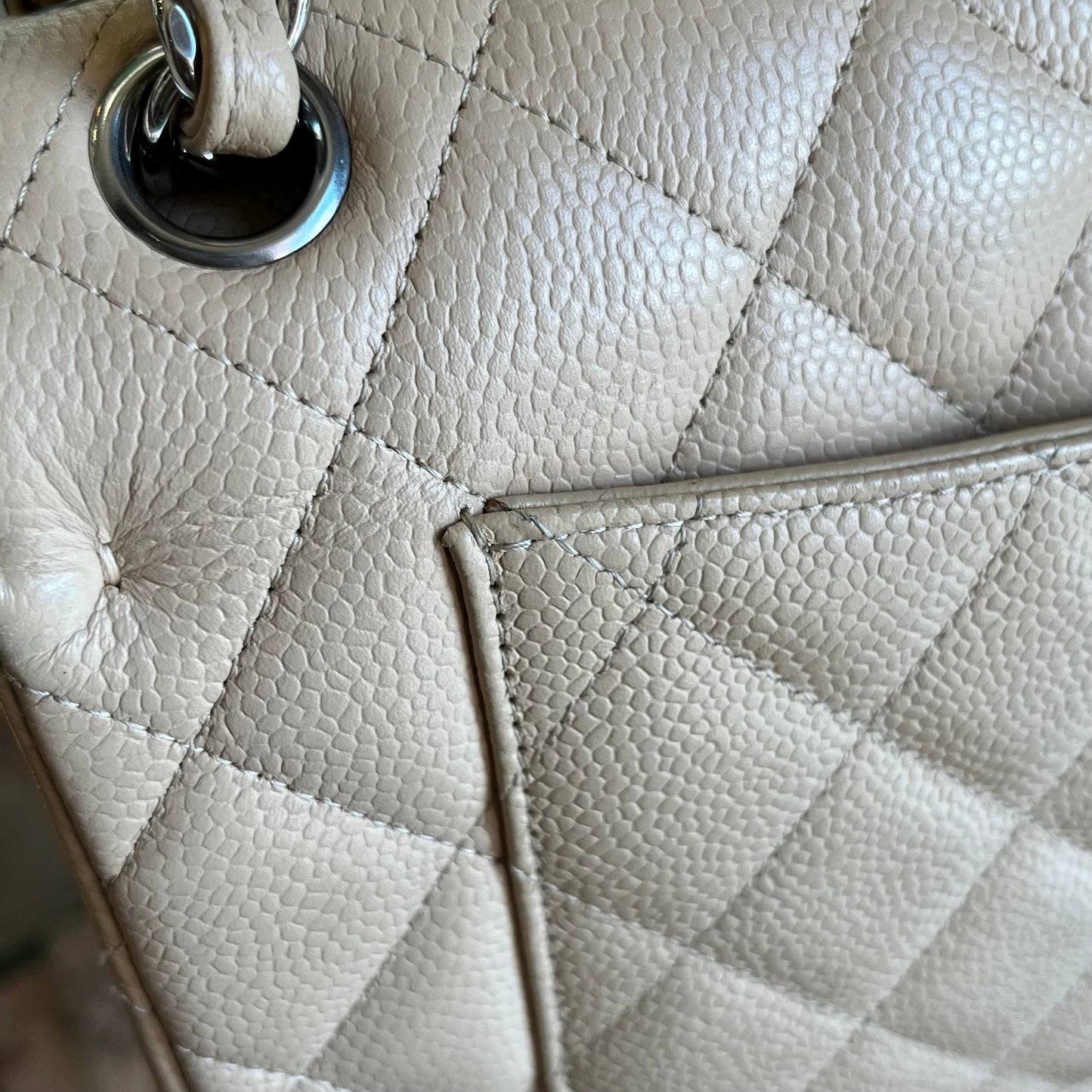CHANEL Classic Double Flap Jumbo Beige Quilted Caviar Leather Shoulder Bag