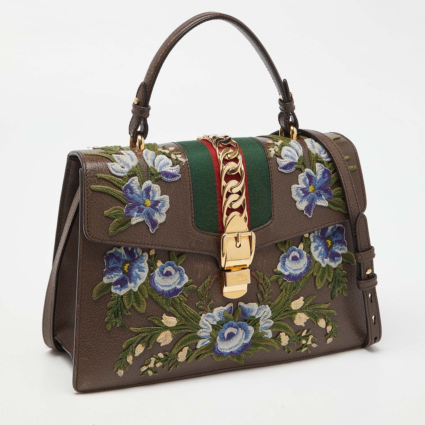 Gucci Floral Embroidered Leather Medium Sylvie Top Handle Bag