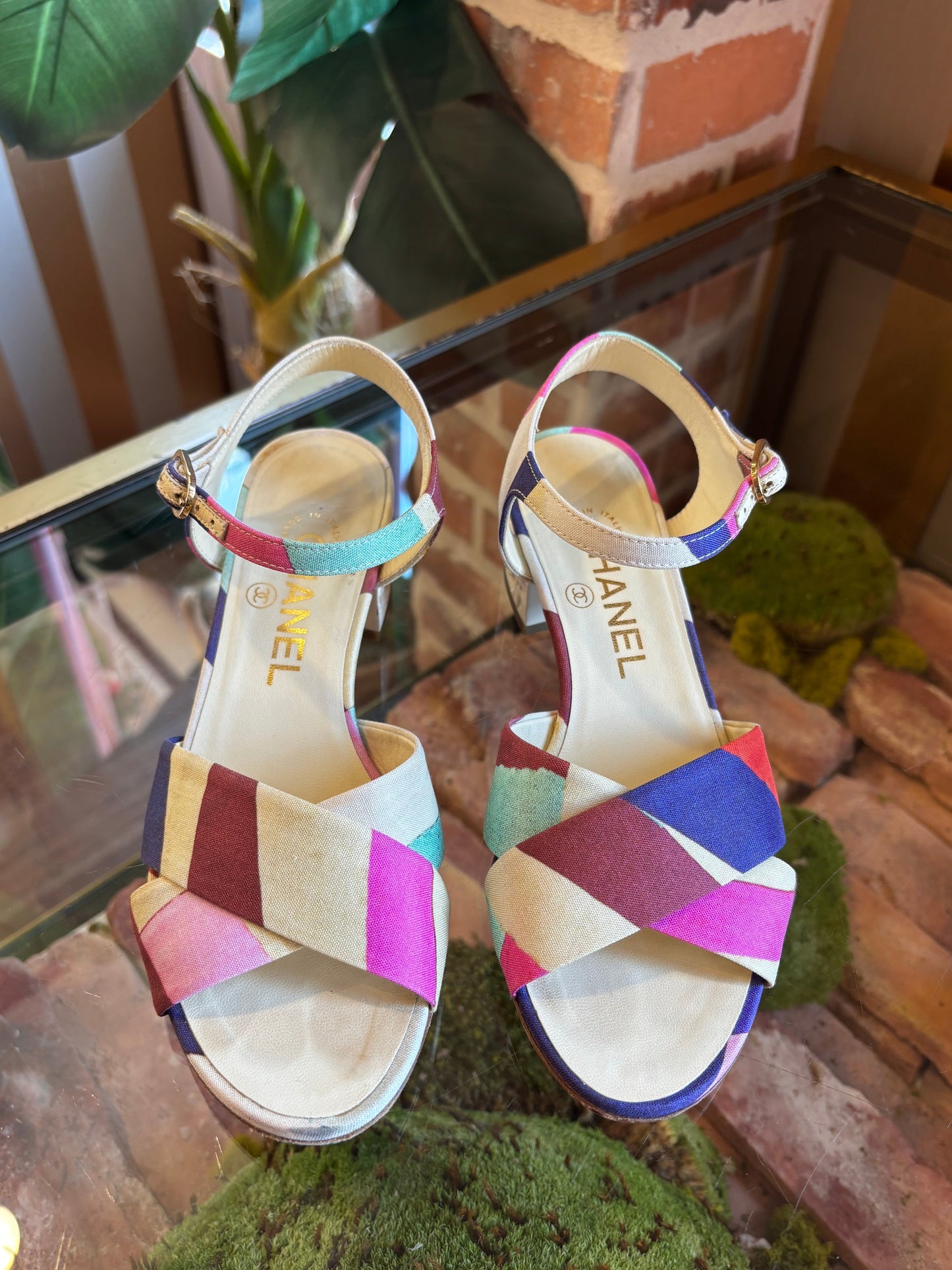 CHANEL Multicolor Fabric Camellia Sandals