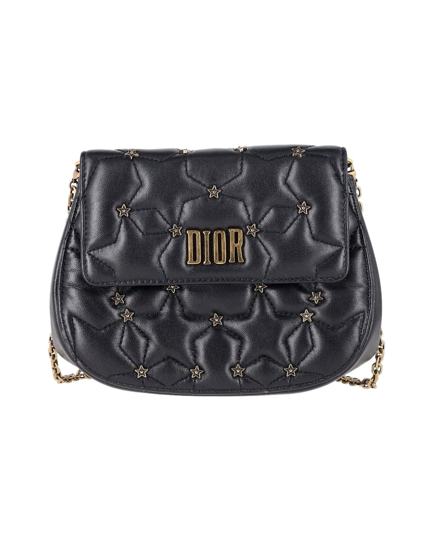 Dior Studded D-Fence Round Clutch with Chain in Black Leather