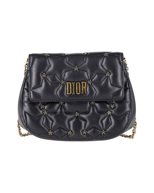 Dior Studded D-Fence Round Clutch with Chain in Black Leather