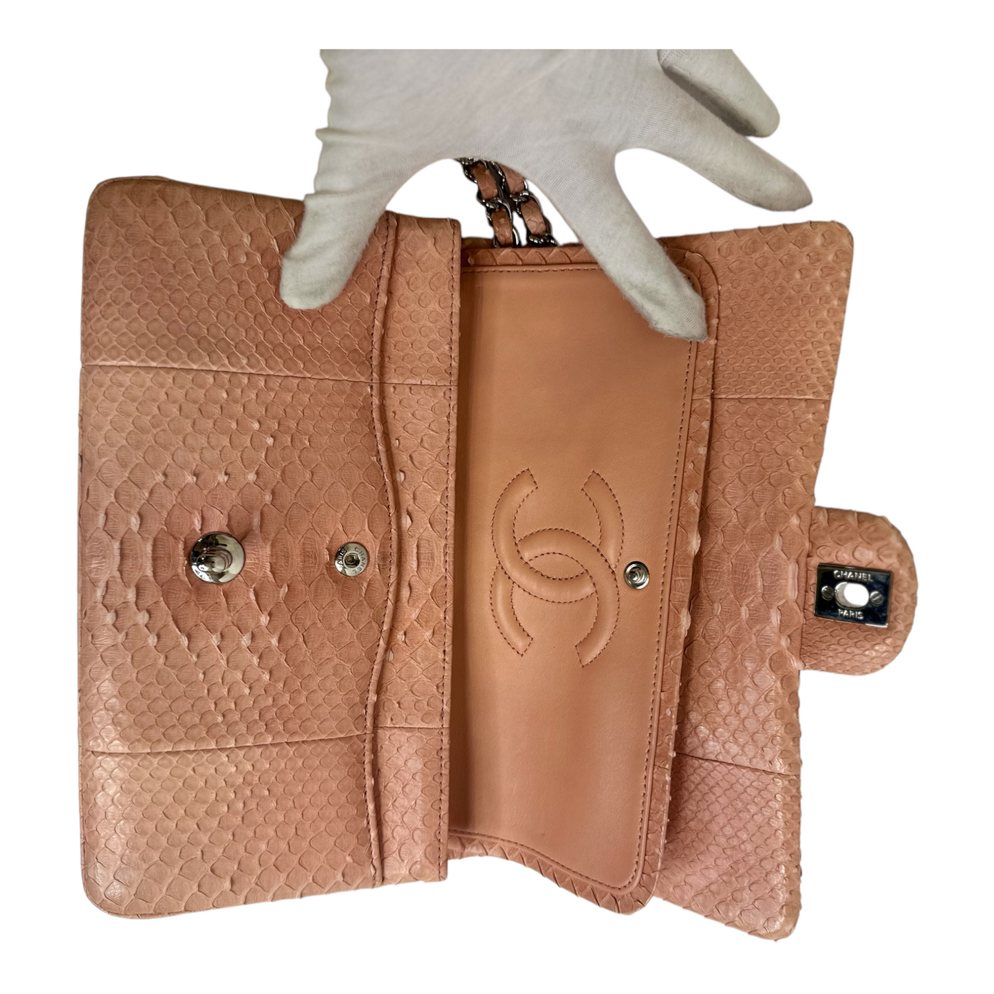 GLM-Pink Python Medium Double Flap Handbag