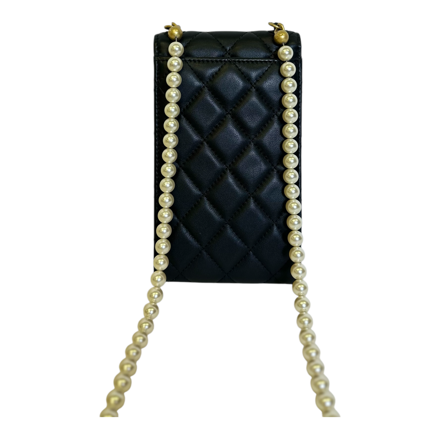 Chanel Lambskin Quilted Pearl Phone Holder With Chain Black