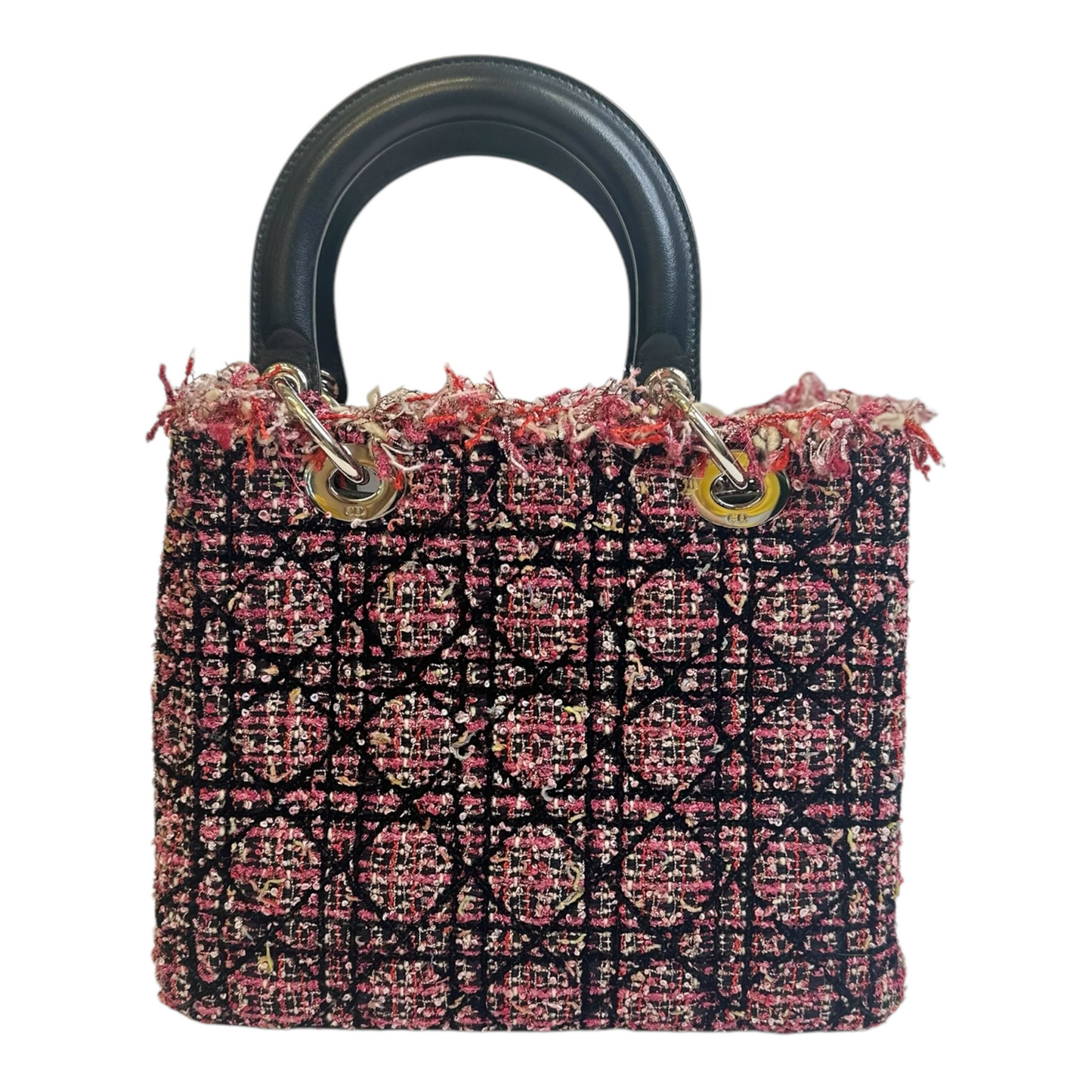 Christian Dior Tweed Fringe Cannage Embroidered Medium Lady Dior Pink Black Multicolor