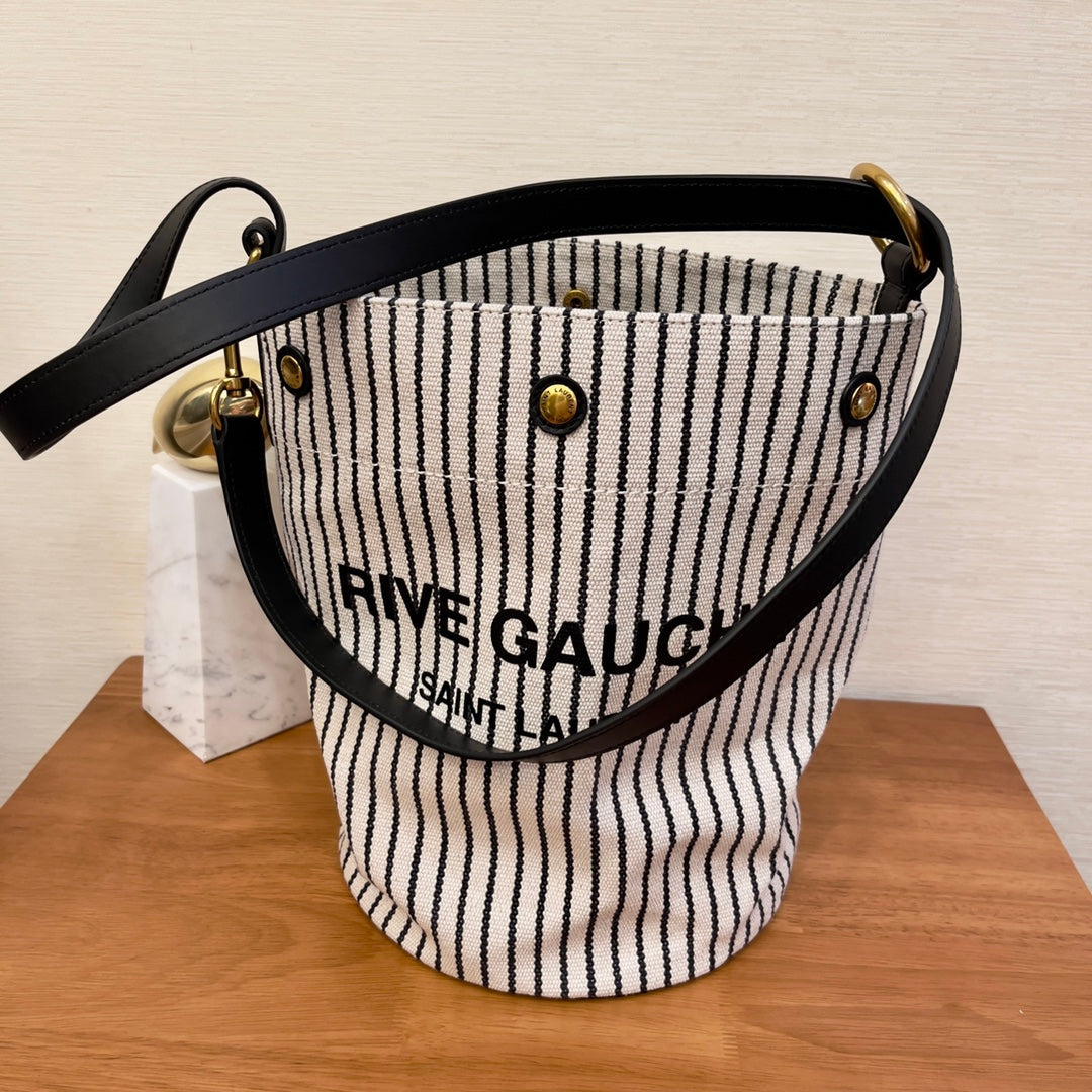 GLAMI Rive Gauche Bucket Bag In Striped Canvas For Women 11.8in/30cm Black And White YSL 669299FAAE59583
