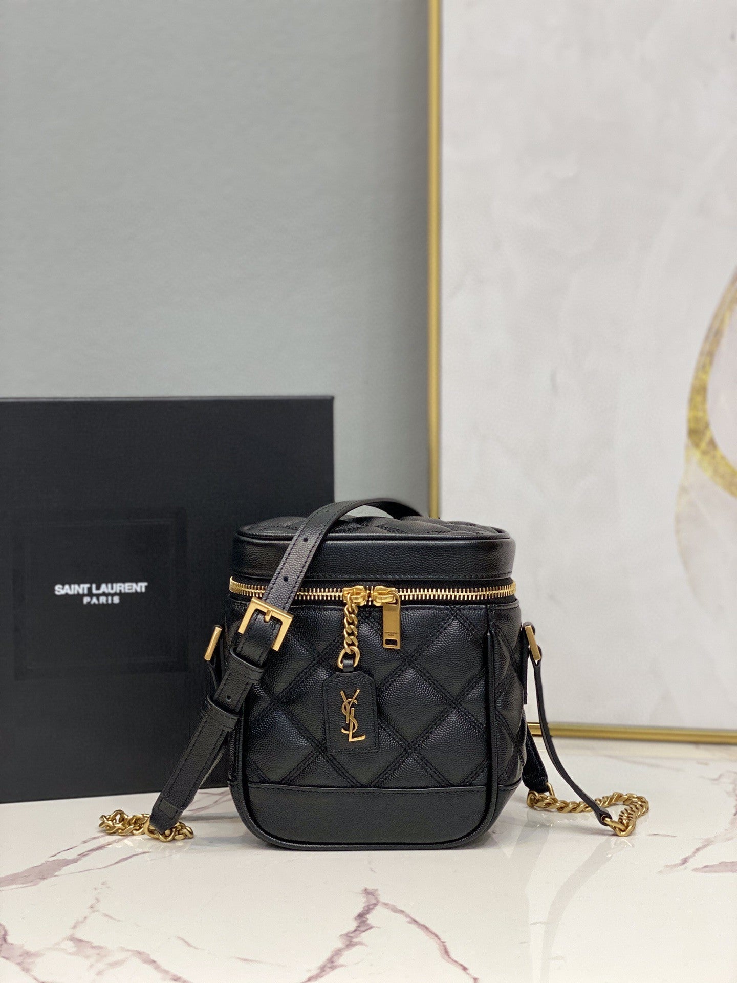 YSSL 80’s Vanity Bag In Carré-Quilted Grain De Poudre Black For Women 6.4in/16.5cm YSL 649779DME271000