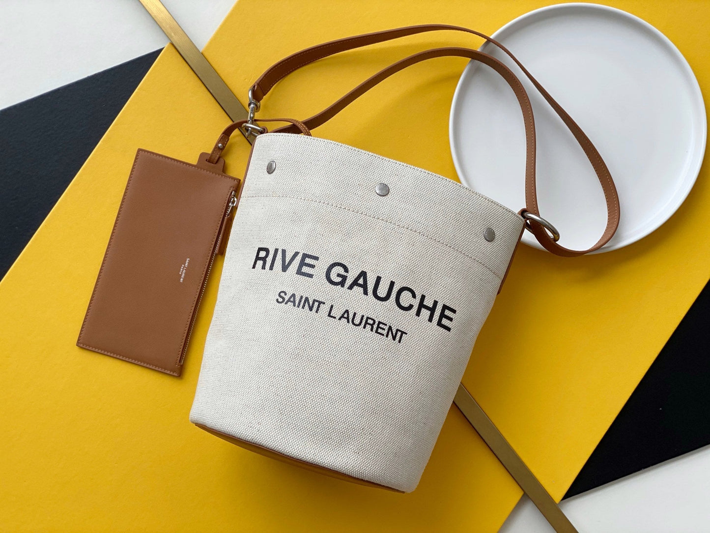 GLAMI Rive Gauche Bucket Bag In Linen With Brown Strap For Women 11.4in/30cm YSL 669299FAABK9053
