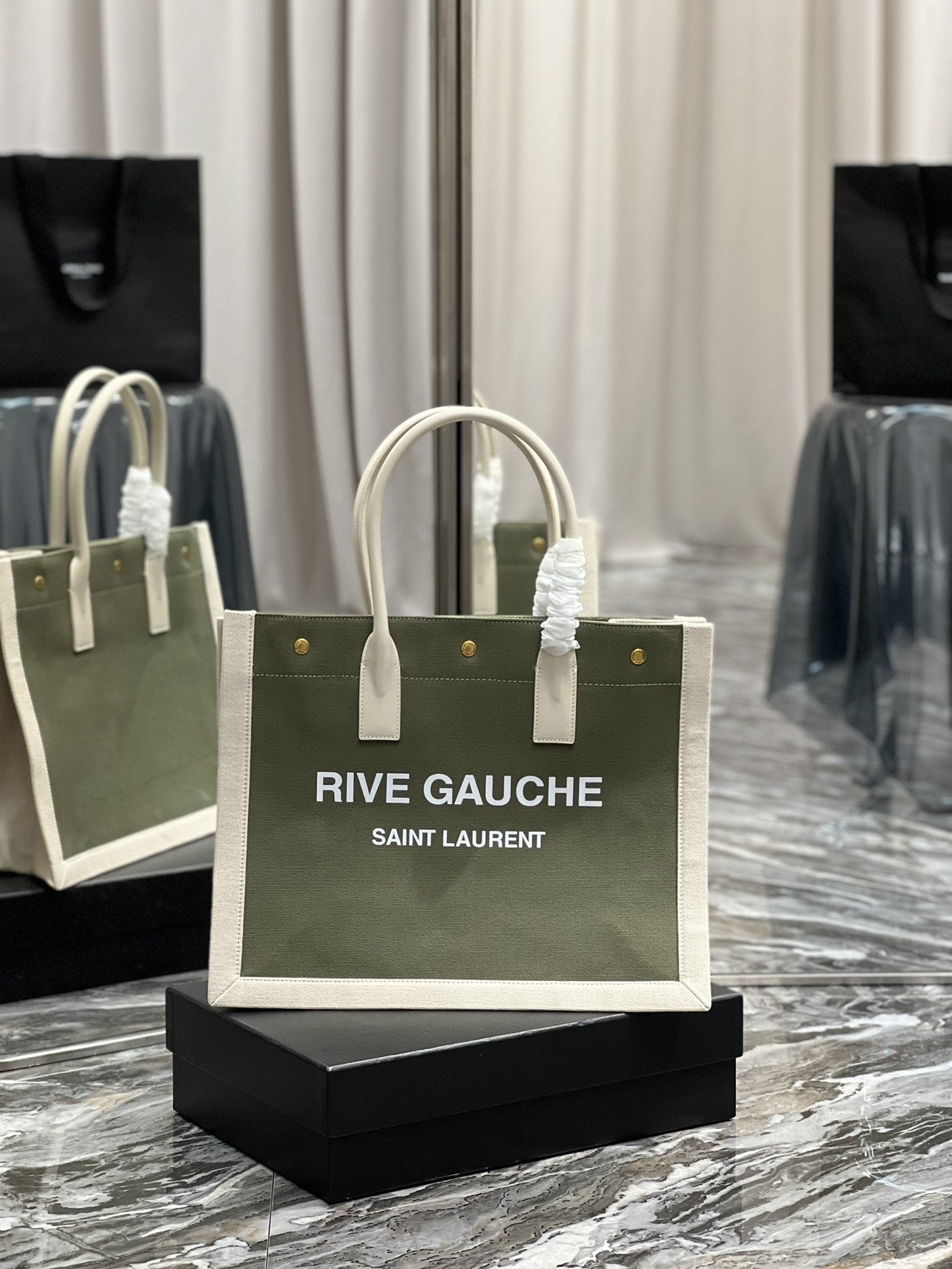 GLAMI Rive Gauche Small Tote Bag In Linen Military Green For Women 15.4in/39cm YSL 617481FAAGLAMI3281