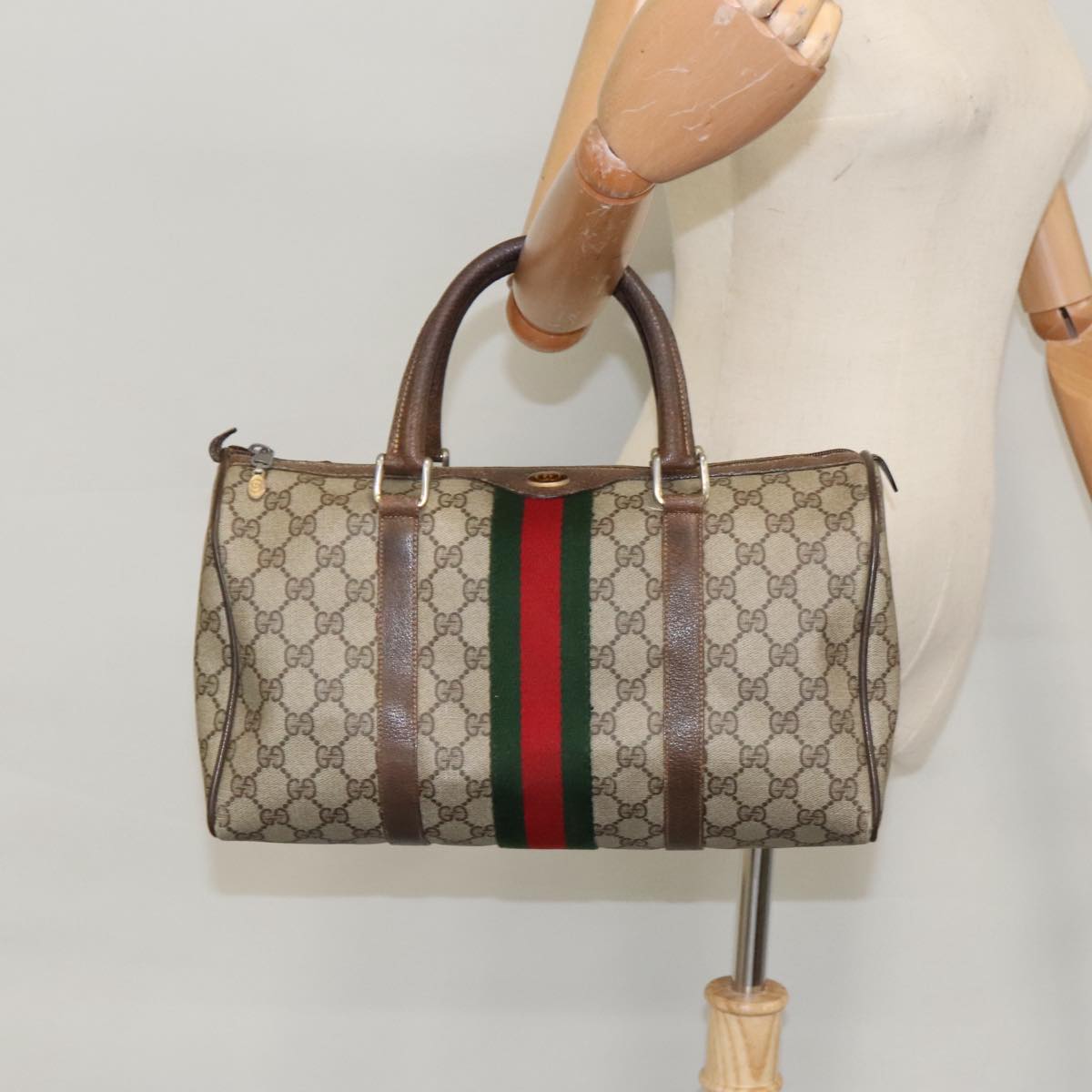 GUCCI GG Supreme Web Sherry Line Boston Bag PVC Beige Red 378 02 07 100064