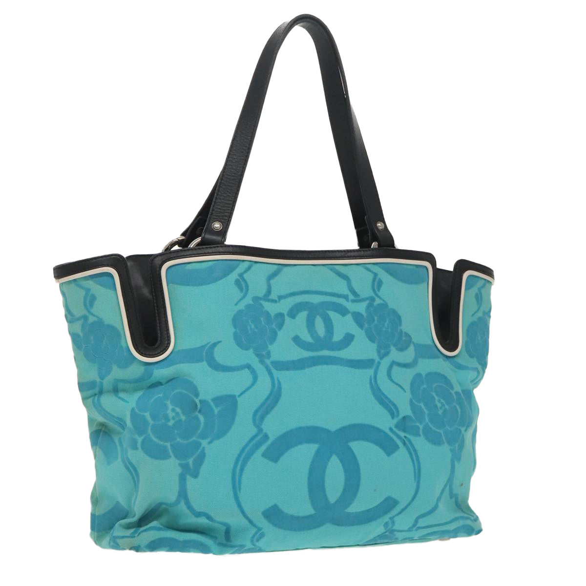CHANEL Tote Bag Canvas Turquoise Blue CC 100096