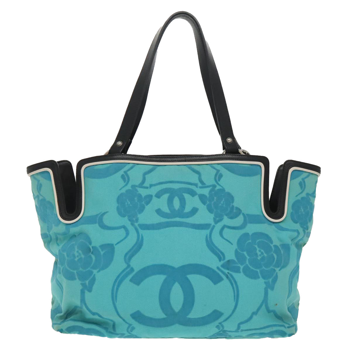 CHANEL Tote Bag Canvas Turquoise Blue CC 100096