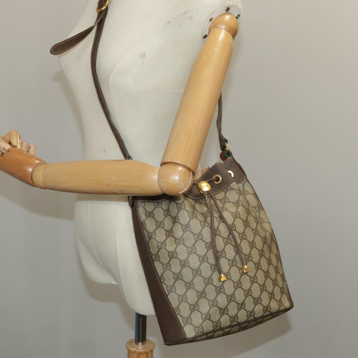 GUCCI GG Supreme Web Sherry Line Shoulder Bag PVC Beige 164 02 034 100148