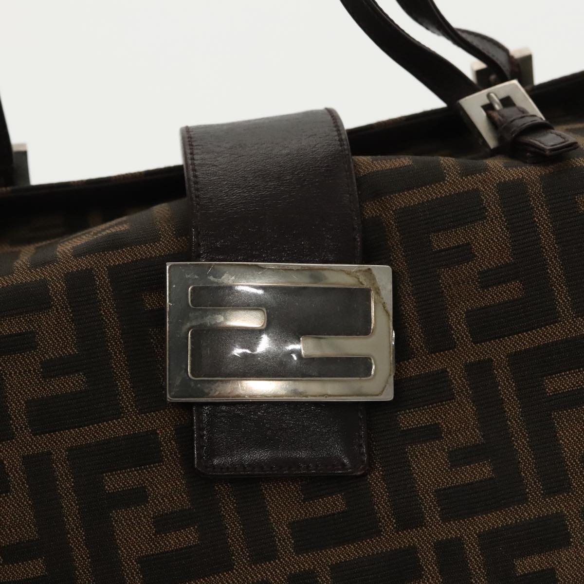 FENDI Zucca Canvas Mamma Baguette Shoulder Bag Brown Black Silver 100278