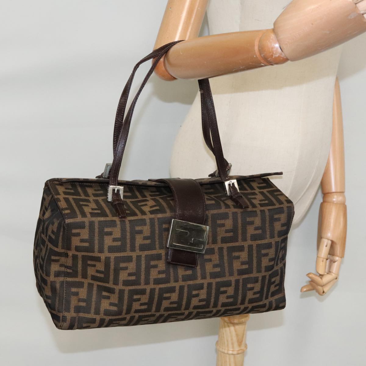 FENDI Zucca Canvas Mamma Baguette Shoulder Bag Brown Black Silver 100278