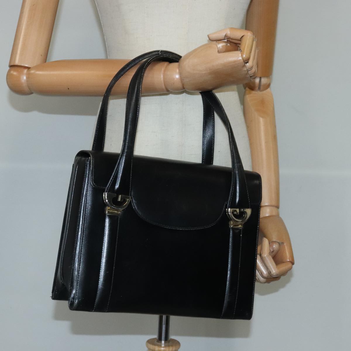 GUCCI Hand Bag Leather Black Gold 100355