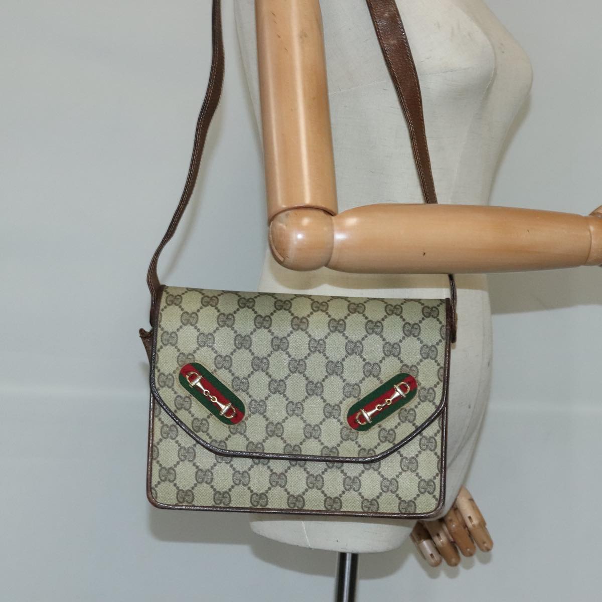 GUCCI GG Supreme Web Sherry Line Shoulder Bag PVC Leather Beige Gold 100377