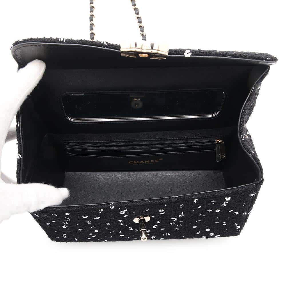 CHANEL Top Handle Box Bag Black/WhiteAS4471 Tweed Leather Sequins