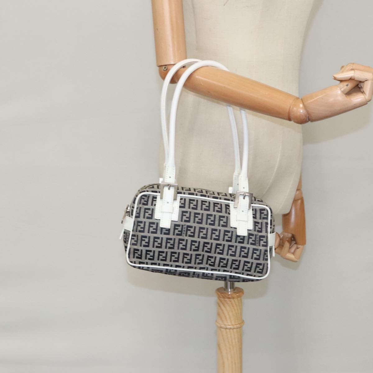 FENDI Zucchino Canvas Hand Bag Navy Silver 100682