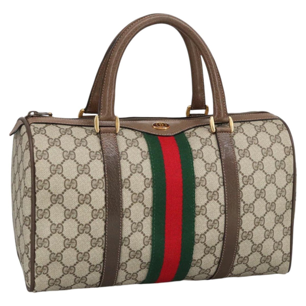GUCCI GG Supreme Web Sherry Line Hand Bag PVC Leather Beige Gold 100683
