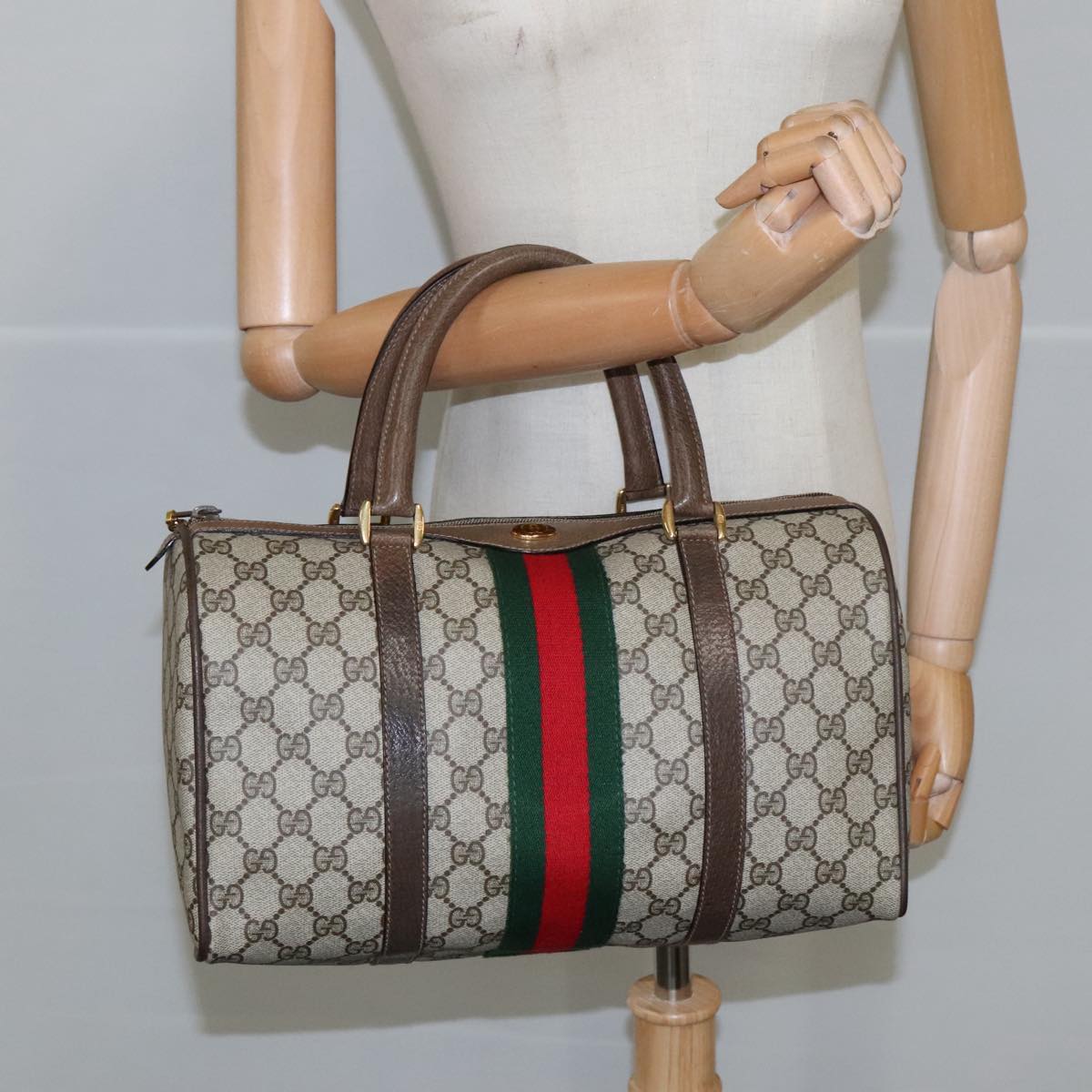 GUCCI GG Supreme Web Sherry Line Hand Bag PVC Leather Beige Gold 100683
