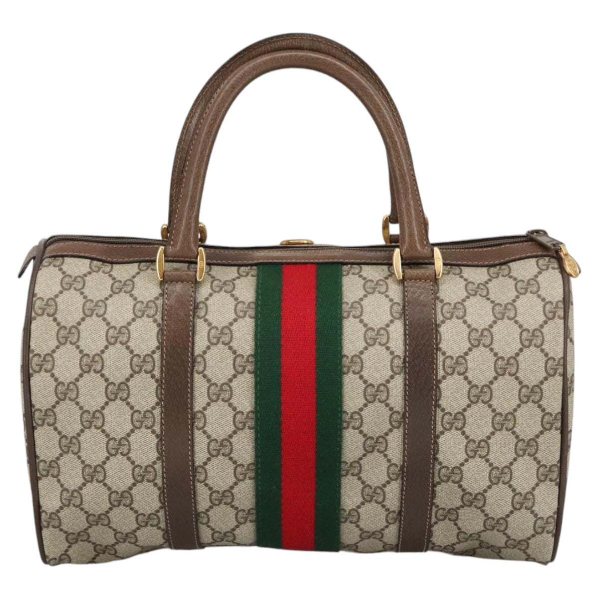 GUCCI GG Supreme Web Sherry Line Hand Bag PVC Leather Beige Gold 100683