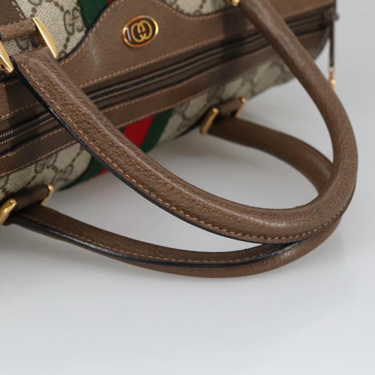 GUCCI GG Supreme Web Sherry Line Hand Bag PVC Leather Beige Gold 100683