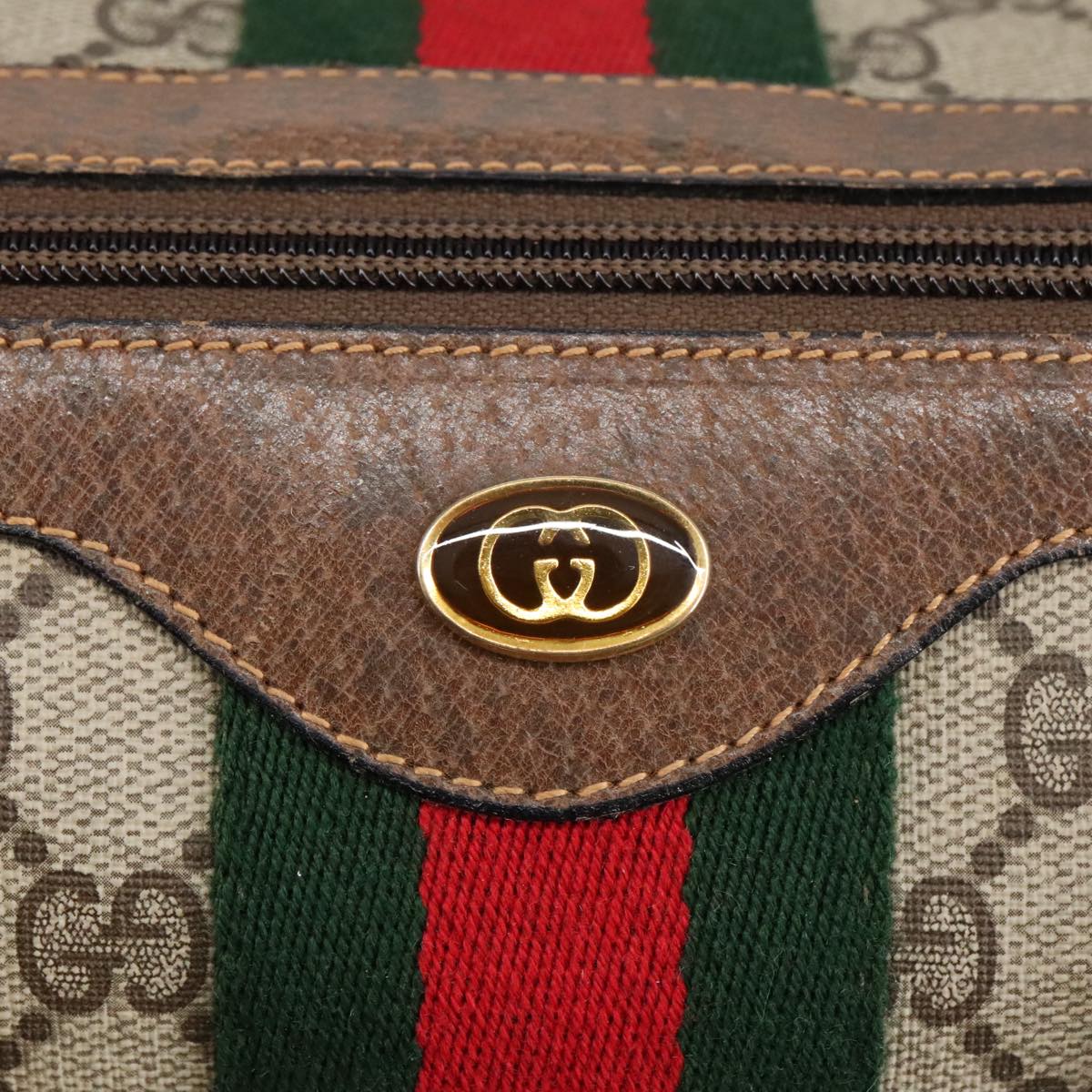 GUCCI GG Supreme Web Sherry Line Hand Bag PVC Leather Beige Gold 100687