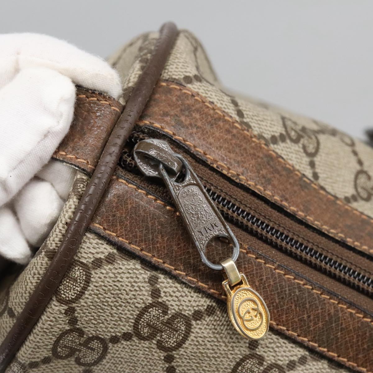 GUCCI GG Supreme Web Sherry Line Hand Bag PVC Leather Beige Gold 100687