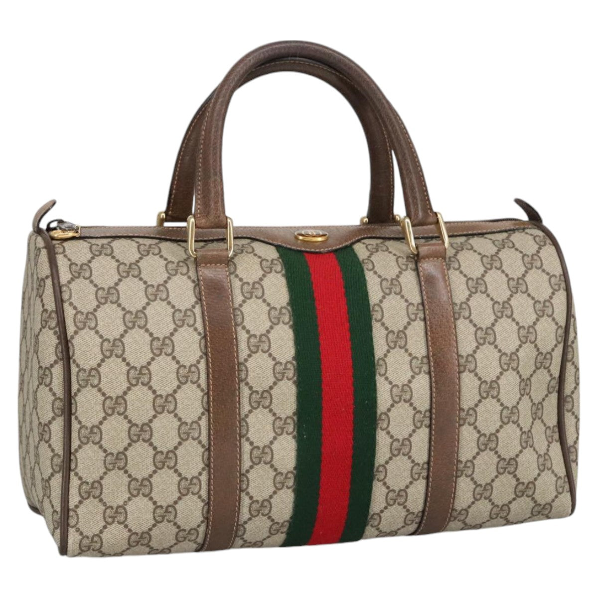 GUCCI GG Supreme Web Sherry Line Hand Bag PVC Leather Beige Gold 100687