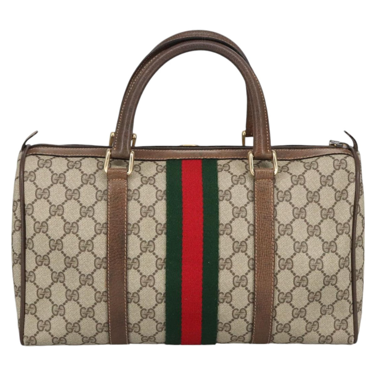 GUCCI GG Supreme Web Sherry Line Hand Bag PVC Leather Beige Gold 100687