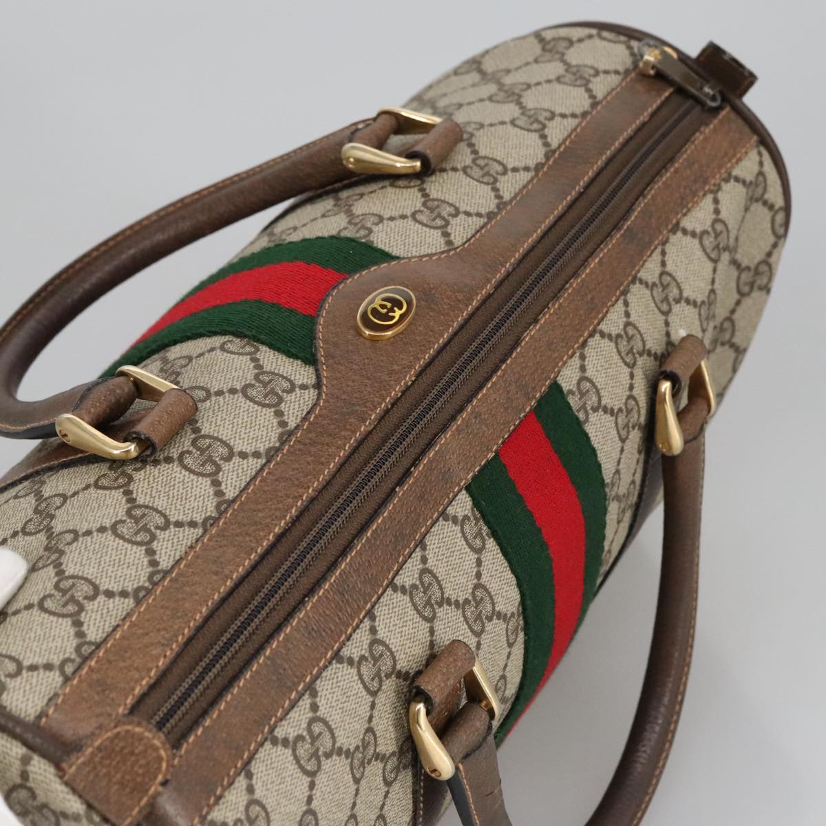GUCCI GG Supreme Web Sherry Line Hand Bag PVC Leather Beige Gold 100687
