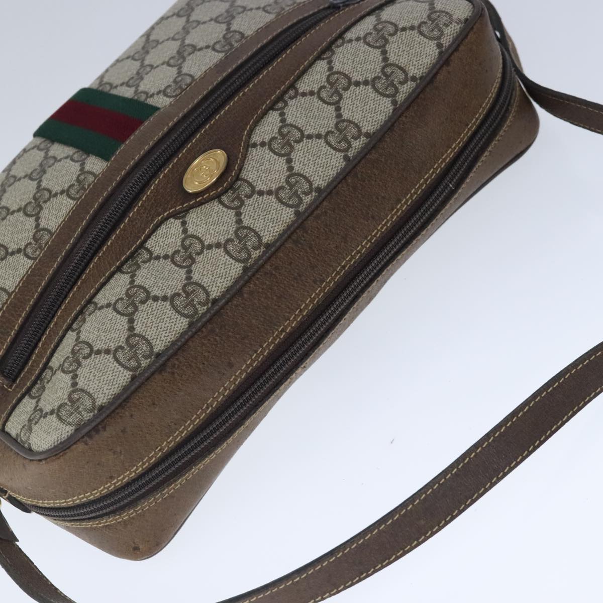 GUCCI GG Supreme Web Sherry Line Shoulder Bag PVC Leather Beige Gold 100688