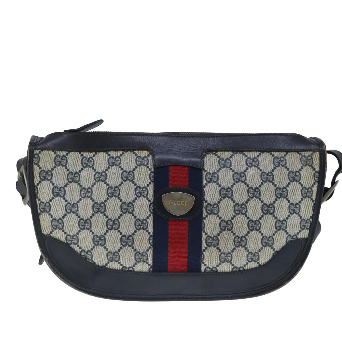GUCCI GG Supreme Web Sherry Line Shoulder Bag PVC Leather Navy Gold 100690
