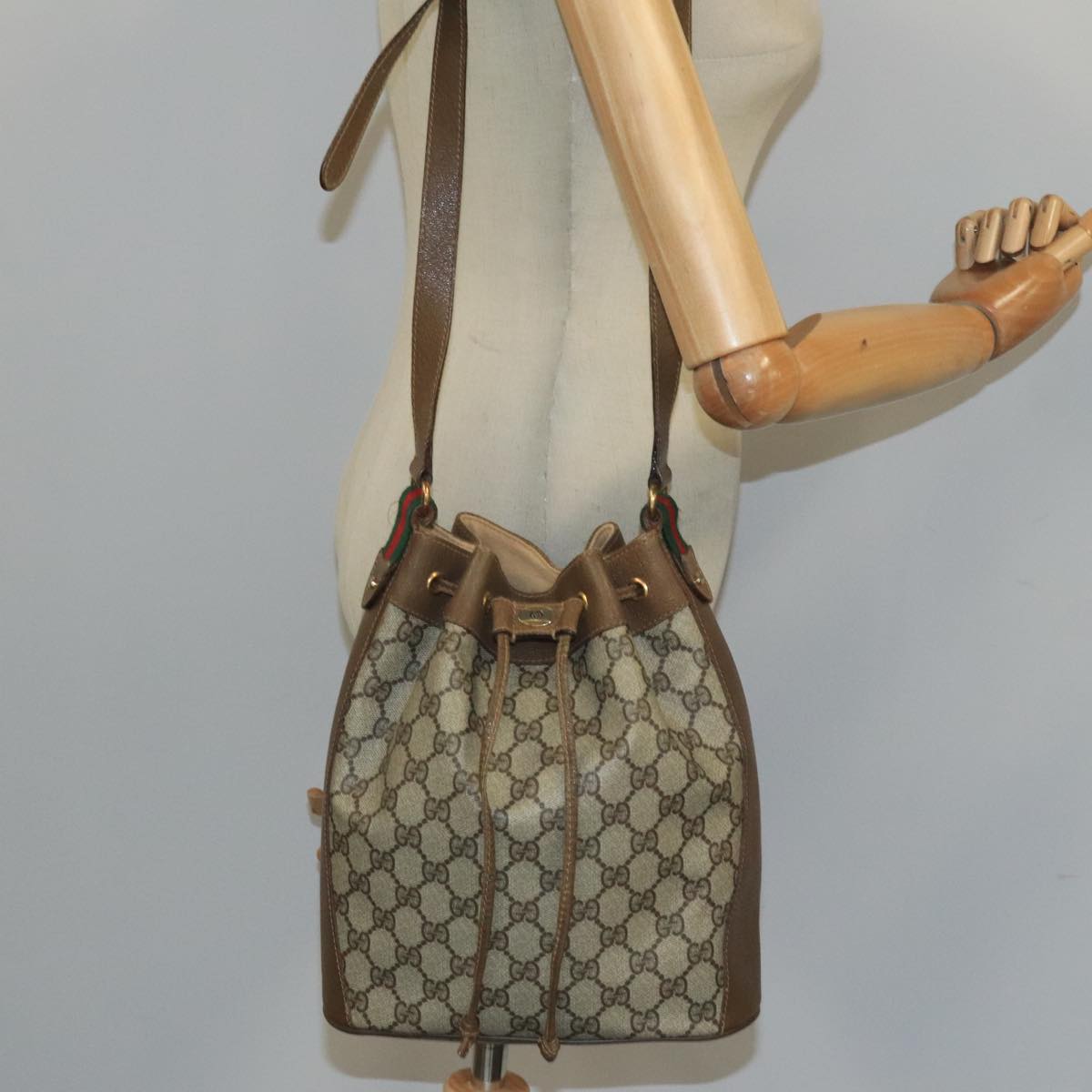 GUCCI GG Supreme Web Sherry Line Shoulder Bag PVC Beige Gold 100695