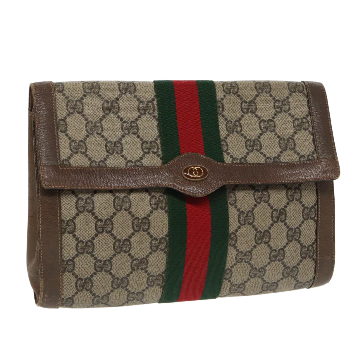 GUCCI GG Supreme Web Sherry Line Clutch Bag PVC Beige Red Green 100712