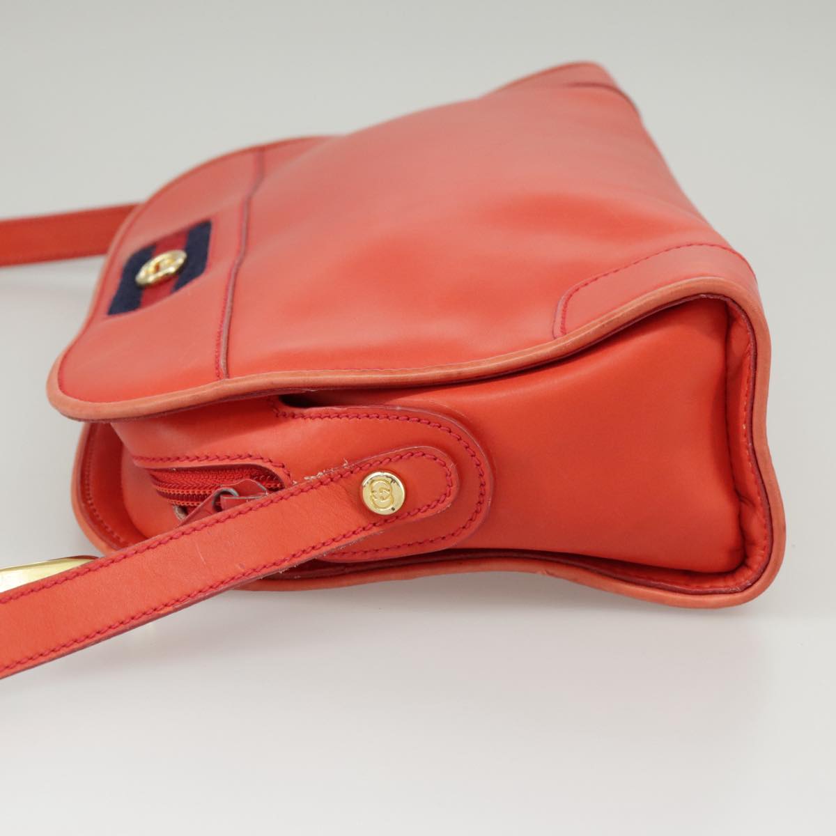 GUCCI Sherry Line Shoulder Bag Leather Orange Navy Red 100717