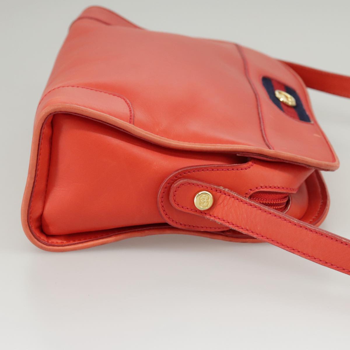 GUCCI Sherry Line Shoulder Bag Leather Orange Navy Red 100717